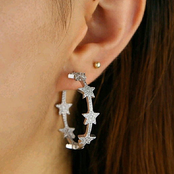 Trendy Pave Star Endless Hoop Earrings - Silver - Picture 5 of 8